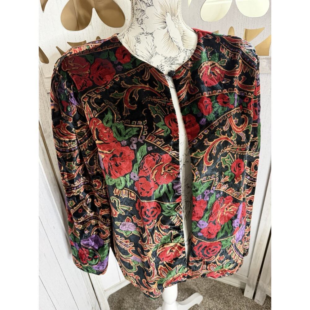 Vintage Velvet Jacket Red Purple Floral Whimsigoth Party Jeri Marque L/XL